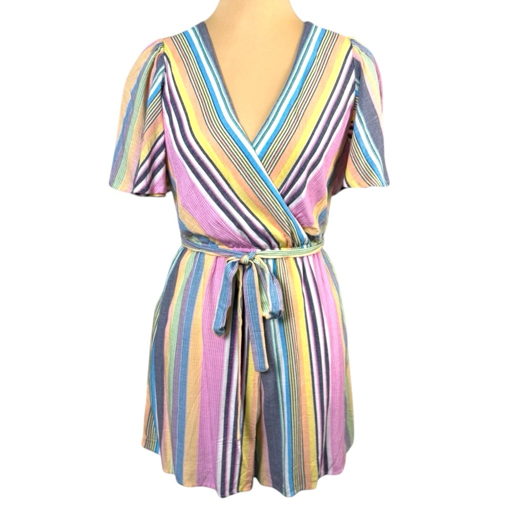 NWT Francesca’s Blue Rain XS Multicolor Striped Wrap Romper Tie Waist Lined